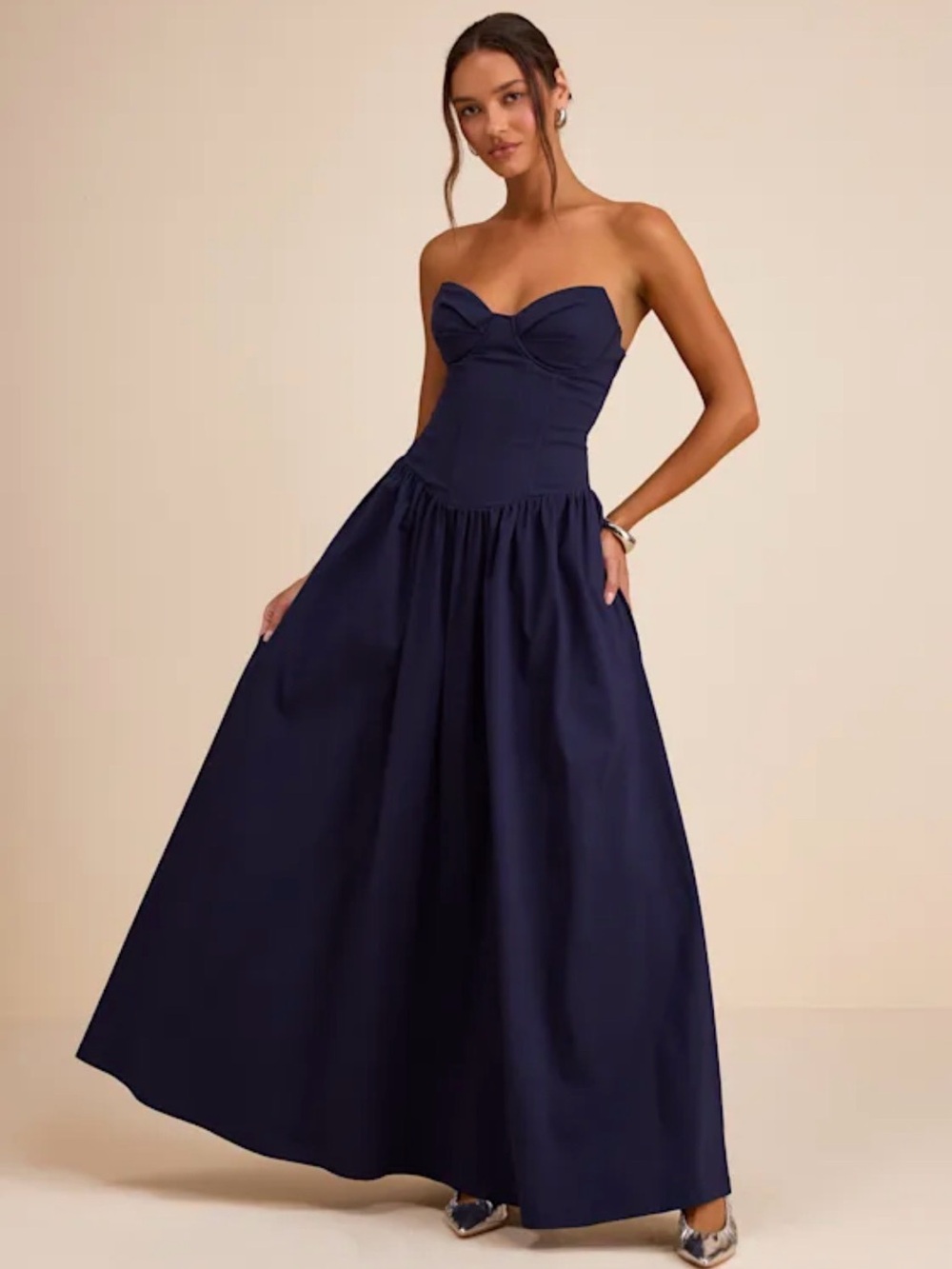 Lulus Almeria Navy Blue Strapless Lace-Up Maxi Dress Medium Formal